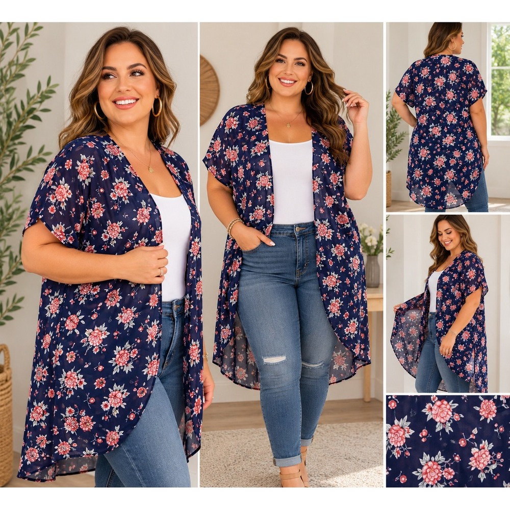 Torrid‎ Womens Navy Blue Floral Chiffon High Low Kimono Cardigan Plus Size 1X 2X